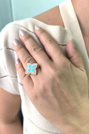 Altın Taşlı Yeşil Mineli Yonca Coin Yüzük