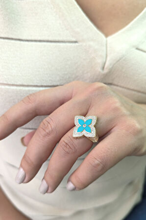 Altın Taşlı Yeşil Mineli Yonca Coin Yüzük