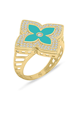 Altın Taşlı Yeşil Mineli Yonca Coin Yüzük