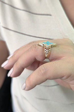 Altın Taşlı Yeşil Mineli Yonca Coin Yüzük