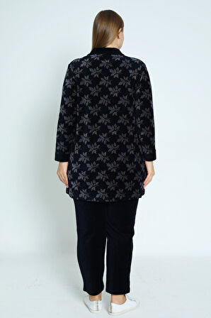 Kadın Büyük Beden Lacivert Yaprak Desenli Fermuarlı Cepli Pamuklu Kadife Alt Üst Takım