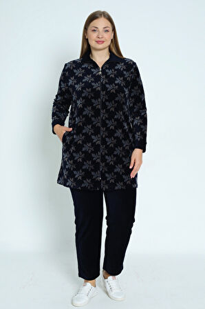 Kadın Büyük Beden Lacivert Yaprak Desenli Fermuarlı Cepli Pamuklu Kadife Alt Üst Takım