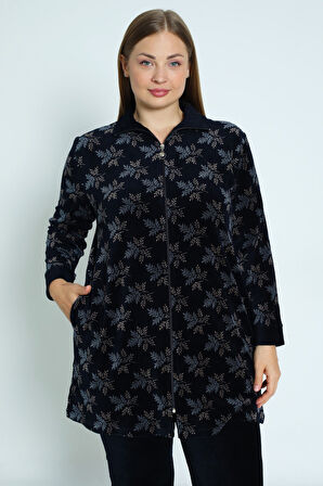 Kadın Büyük Beden Lacivert Yaprak Desenli Fermuarlı Cepli Pamuklu Kadife Alt Üst Takım