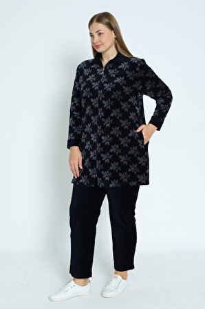 Kadın Büyük Beden Lacivert Yaprak Desenli Fermuarlı Cepli Pamuklu Kadife Alt Üst Takım