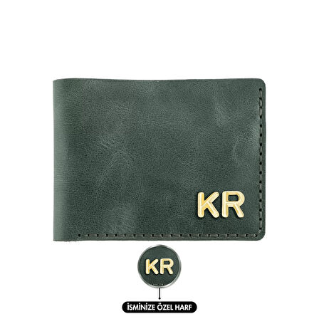 İsme Özel Yatay Klasik Cüzdan -  %100 Rainbow Deri - Haki