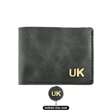 İsme Özel Yatay Klasik Cüzdan -  %100 Rainbow Deri - Antrasit