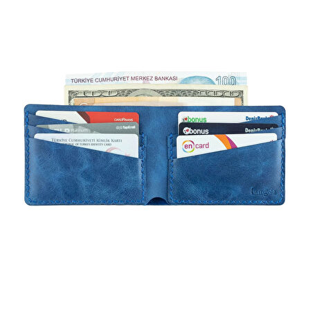 İsme Özel Yatay Klasik Cüzdan -  %100 Rainbow Deri - Saks Mavisi