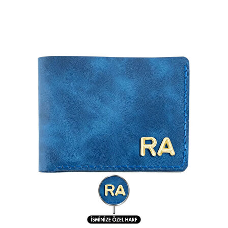 İsme Özel Yatay Klasik Cüzdan -  %100 Rainbow Deri - Saks Mavisi