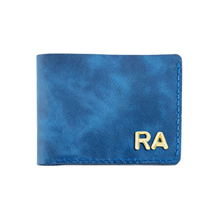 İsme Özel Yatay Klasik Cüzdan -  %100 Rainbow Deri - Saks Mavisi