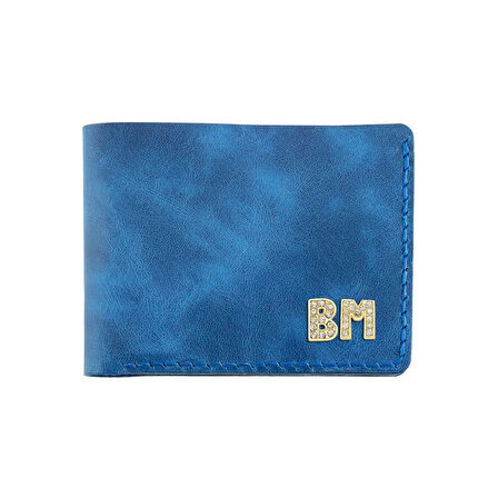 İsme Özel Yatay Klasik Cüzdan -  %100 Rainbow Deri - Saks Mavisi