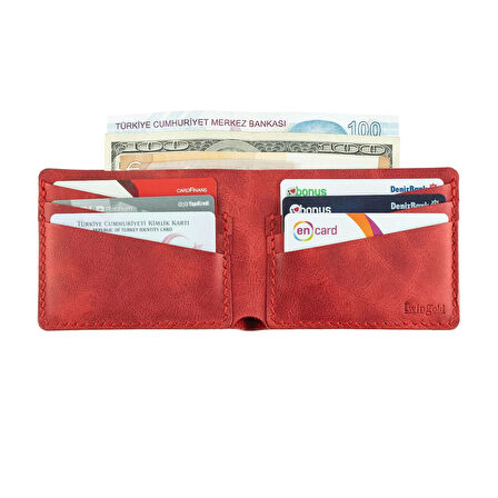 İsme Özel Yatay Klasik Cüzdan -  %100 Rainbow Deri - Kırmızı