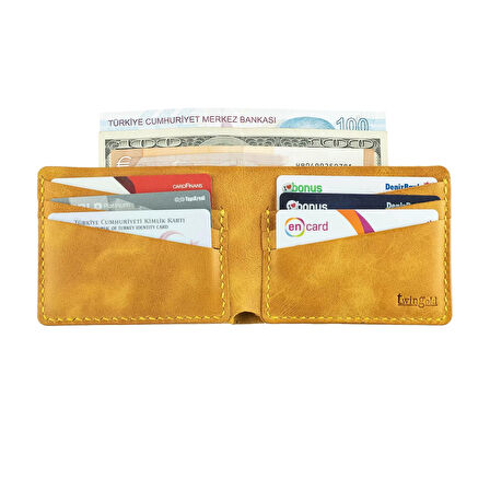 İsme Özel Yatay Klasik Cüzdan -  %100 Rainbow Deri - Hardal Sarısı