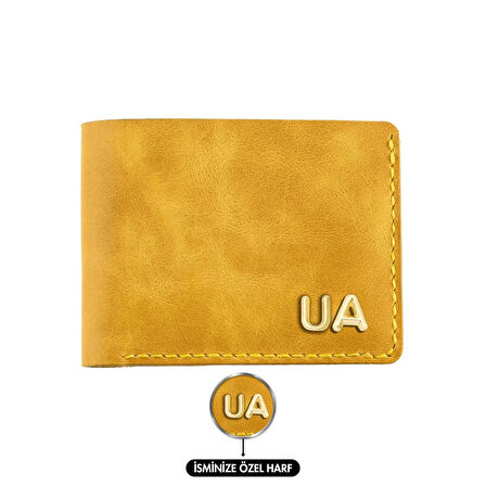 İsme Özel Yatay Klasik Cüzdan -  %100 Rainbow Deri - Hardal Sarısı