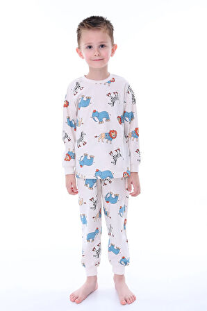 Sevimli Animal (Aslan-Zebra-Fil) Desenli %100 Pamuk Çocuk Pijama Takımı