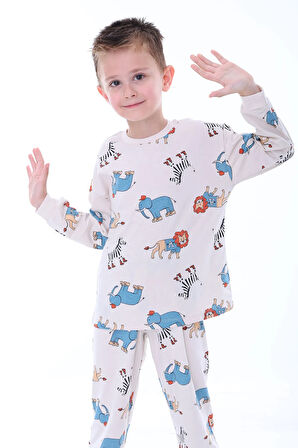 Sevimli Animal (Aslan-Zebra-Fil) Desenli %100 Pamuk Çocuk Pijama Takımı