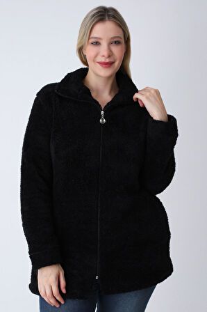 Kadın Siyah Büyük Beden Fermuarlı Soft Peluş Hırka