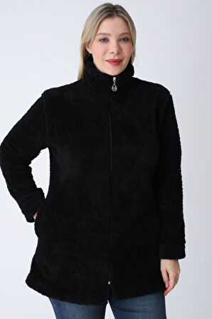 Kadın Siyah Büyük Beden Fermuarlı Soft Peluş Hırka