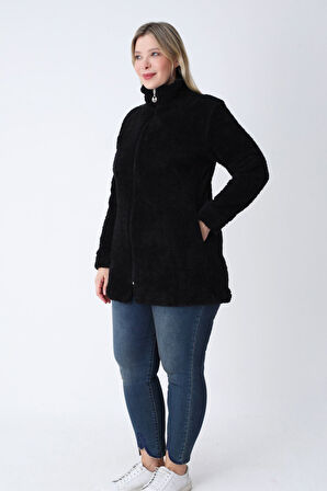 Kadın Siyah Büyük Beden Fermuarlı Soft Peluş Hırka