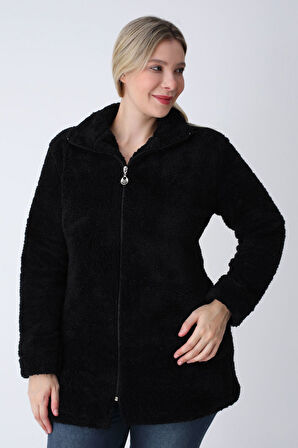 Kadın Siyah Büyük Beden Fermuarlı Soft Peluş Hırka