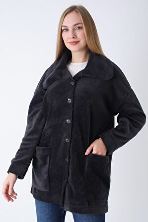 Kadın Antrasit Oversize Uzun Kollu Cepli Yakalı Düğmeli Peluş Hırka Ceket
