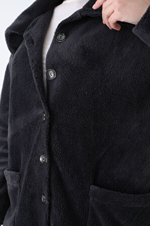 Kadın Antrasit Oversize Uzun Kollu Cepli Yakalı Düğmeli Peluş Hırka Ceket