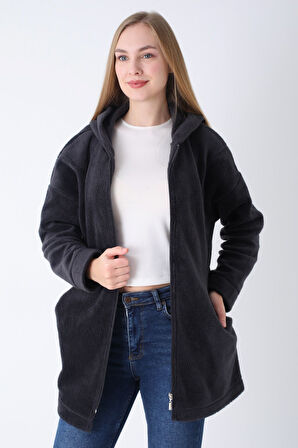 Kadın Antrasit Fermuarlı Kapüşonlu Cepli Oversize Peluş Hırka