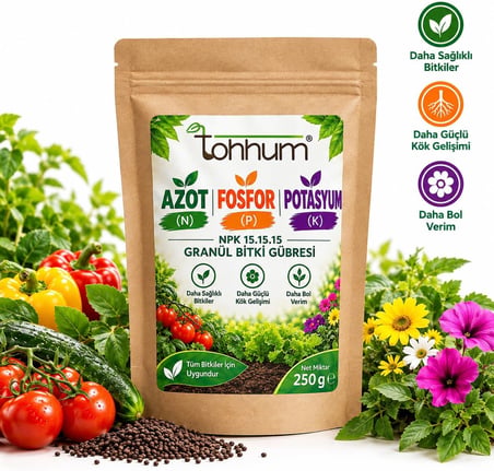 Azot Fosfor Potasyum Gübre NPK 15.15.15 – Granül Bitki Gübresi 250 g – Sebze, Meyve, Çiçek ve Bahçe Bitkileri İçin