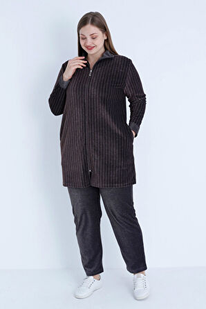 Kadın Büyük Beden Çizgi Desenli Uzun Kollu Fermuarlı Cepli Pamuklu Kadife Alt Üst Takım