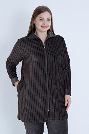 Kadın Büyük Beden Çizgi Desenli Uzun Kollu Fermuarlı Cepli Pamuklu Kadife Alt Üst Takım