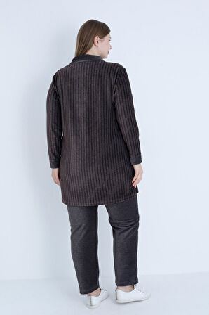 Kadın Büyük Beden Çizgi Desenli Uzun Kollu Fermuarlı Cepli Pamuklu Kadife Alt Üst Takım