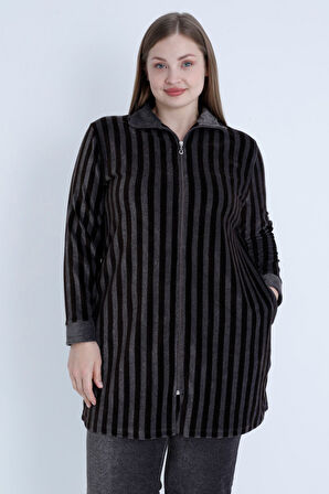 Kadın Büyük Beden Çizgi Desenli Uzun Kollu Fermuarlı Cepli Pamuklu Kadife Alt Üst Takım