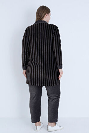 Kadın Büyük Beden Çizgi Desenli Uzun Kollu Fermuarlı Cepli Pamuklu Kadife Alt Üst Takım