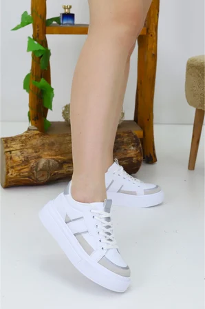 Urban Beyaz Kadın Spor Ayakkabı | Günlük Rahat Ortopedik Bağcıklı Suni Deri Sneaker