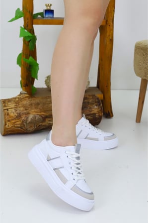 Urban Beyaz Kadın Spor Ayakkabı | Günlük Rahat Ortopedik Bağcıklı Suni Deri Sneaker