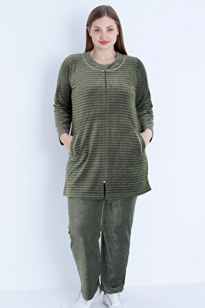 kadın Kahverengi Çizgi Desenli Uzun Kollu Biyeli Fermuarlı Büyük Beden Pamuklu Kadife Alt Üst Takım