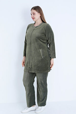 kadın Kahverengi Çizgi Desenli Uzun Kollu Biyeli Fermuarlı Büyük Beden Pamuklu Kadife Alt Üst Takım