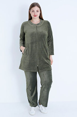 kadın Kahverengi Çizgi Desenli Uzun Kollu Biyeli Fermuarlı Büyük Beden Pamuklu Kadife Alt Üst Takım