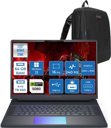 Dell Alienware 16 Area-51 AA16250 Ultra 9 275HX Ddr5 64GB 4tb Ssd+4tb SSD 16GB/RTX5080 175W 16INÇ Wqxga 240Hz 500NITS 3ms WINDOWS11PRO Gaming Laptop AA1625080P32+ZETTAÇANTA
