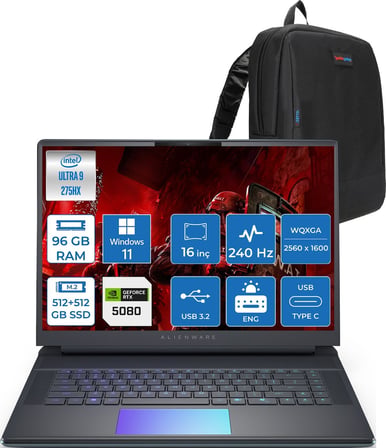 Dell Alienware 16 Area-51 AA16250 Ultra 9 275HX Ddr5 96GB 512GB SSD+512GB SSD 16GB/RTX5080 175W 16INÇ Wqxga 240Hz 500NITS 3ms WINDOWS11PRO Gaming Laptop AA1625080P42+ZETTAÇANTA
