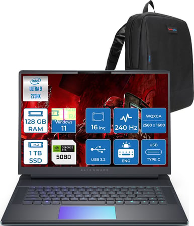 Dell Alienware 16 Area-51 AA16250 Ultra 9 275HX DDR5 128GB 1TB SSD 16GB/RTX5080 175W 16inç WQXGA 240Hz 500Nits 3ms Windows11Pro Gaming Laptop AA1625080P51+ZettaÇanta