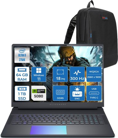 Dell Alienware 18 Area-51 AA18250 Ultra 9 275HX Ddr5 64GB 1tb SSD 16GB/RTX5080 175W 18INÇ Wqxga 300Hz 500NITS WINDOWS11HOME Gaming Laptop AA1825080H27+ZETTAÇANTA