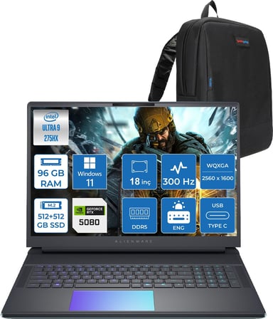 Dell Alienware 18 Area-51 AA18250 Ultra 9 275HX Ddr5 96GB 512GB SSD+512GB SSD 16GB/RTX5080 175W 18INÇ Wqxga 300Hz 500NITS WINDOWS11PRO Gaming Laptop AA1825080P42+ZETTAÇANTA