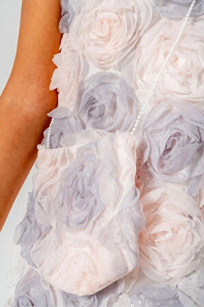 Kız Çocuk Renkli Gül Detaylı Çantalı Özel Gün Düğün Abiye Elbise