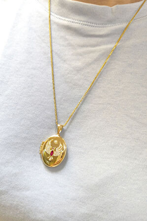 Zümrüdü Anka Kuşu Oval Altın Madalyon Kolye