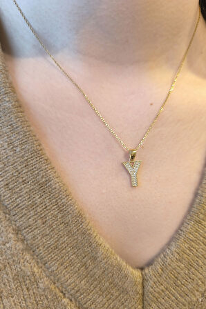 Minimal Altın Taşlı Y Harfi Kolye