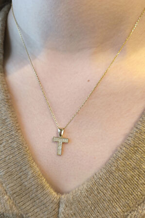 Minimal Altın Taşlı T Harfi Kolye