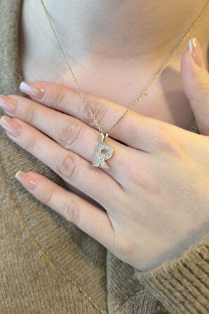 Minimal Altın Taşlı R Harfi Kolye