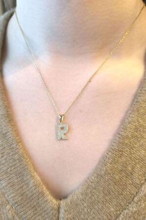 Minimal Altın Taşlı R Harfi Kolye