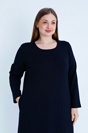 Lacivert Çizgi Desenli Uzun Kollu Cepli Kadın Büyük Beden Jakarlı Elbise