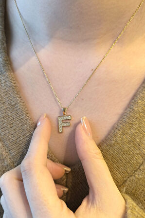 Minimal Altın Taşlı F Harfi Kolye